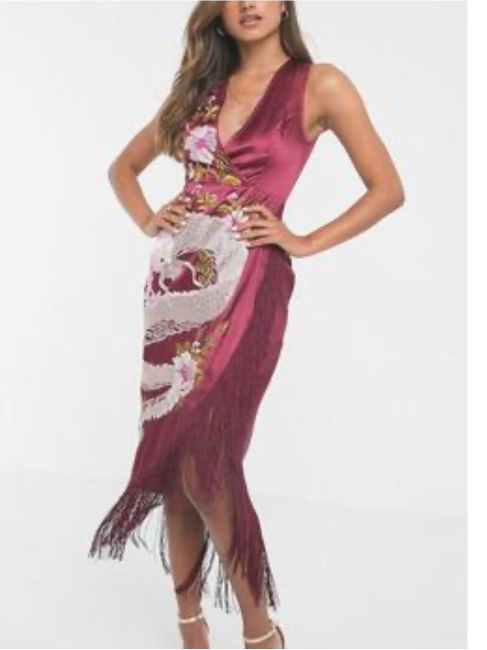 ASOS Burgundy Embroidered Fringe Midi Dress
